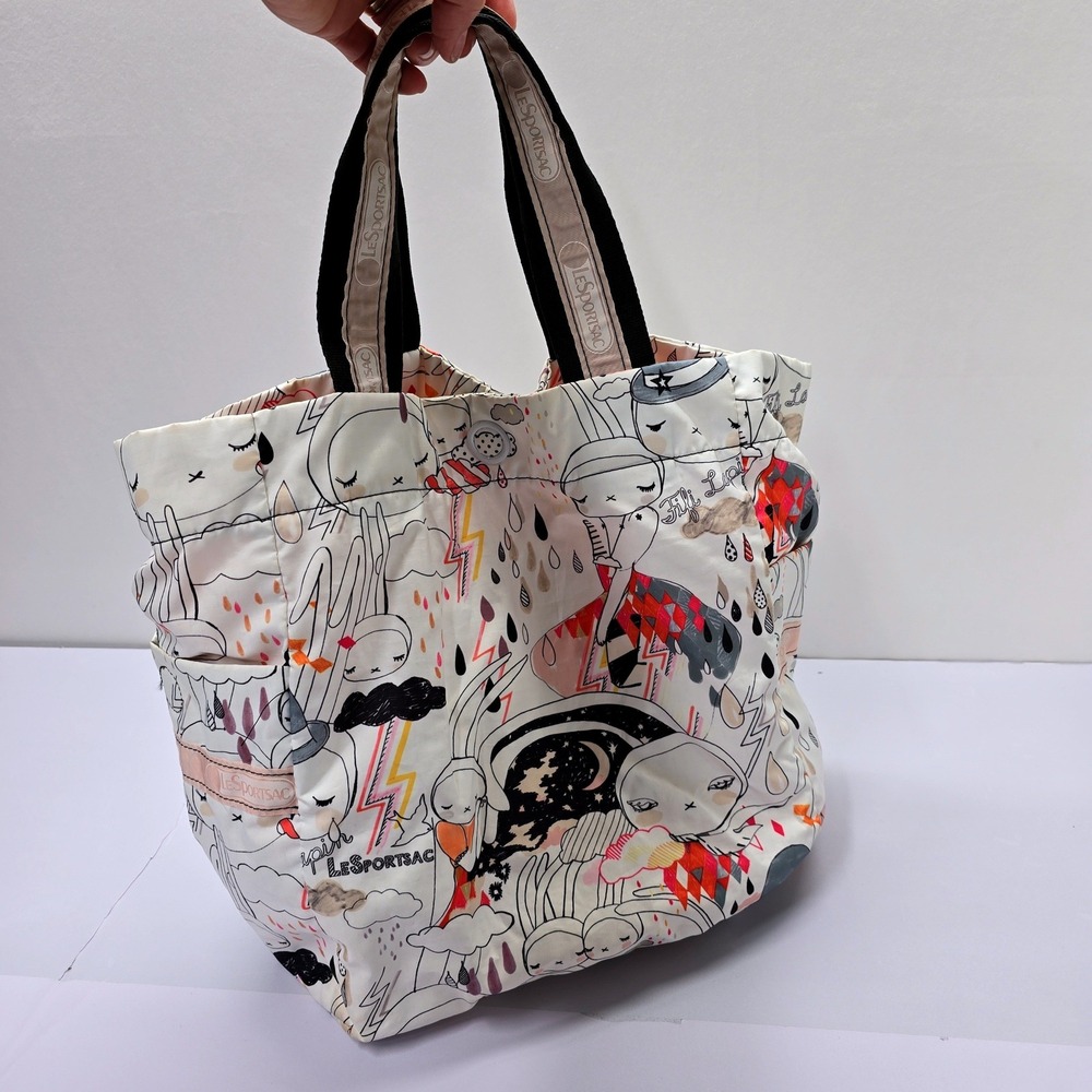 Rare LeSportsac Artist In Residence Fifi Lapin Bunny Print Nylon Tote Bag White - Picture 3 of 5